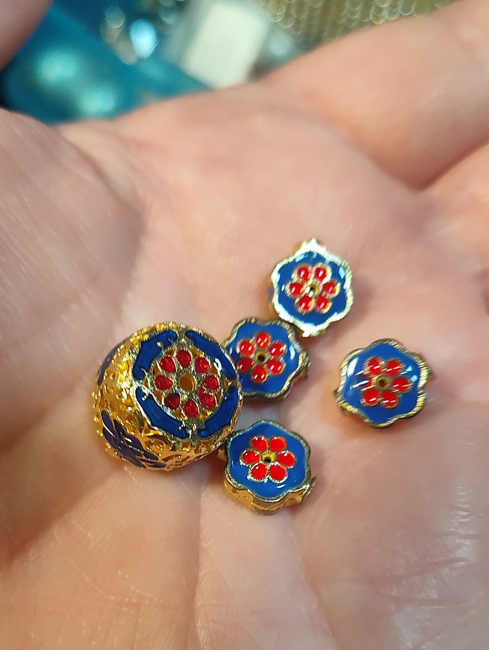 Gold-Tone Cloisonné Floral Beads Necklace Accent in Blue and Red